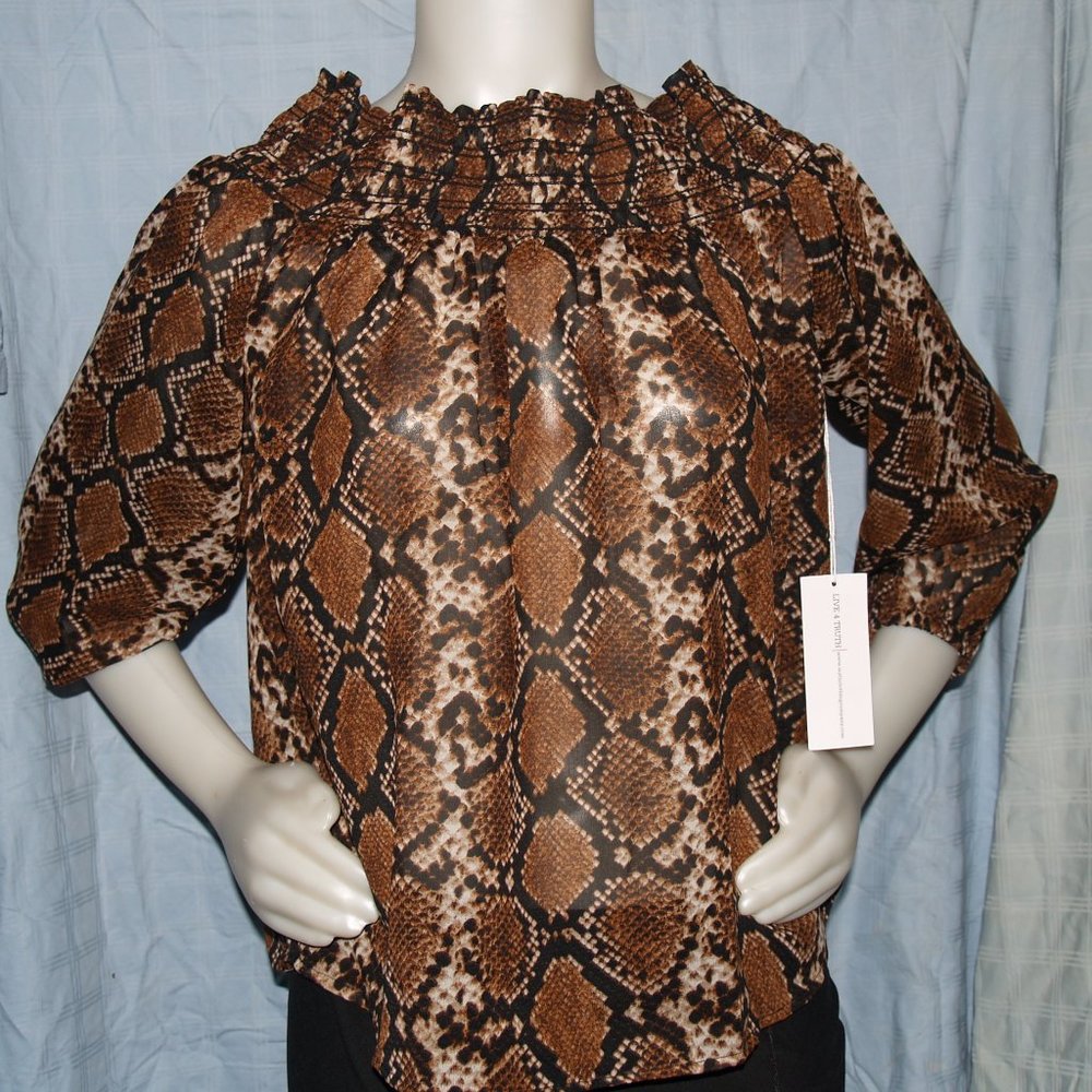 Sheer, Off the Shoulder Snake Skin Print Top. NWT size medium